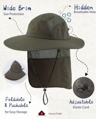 Home Prefer UPF 50+ Sun Hat with Neck Flap Wide Brim Fishing Hat for Men - color: Army Green