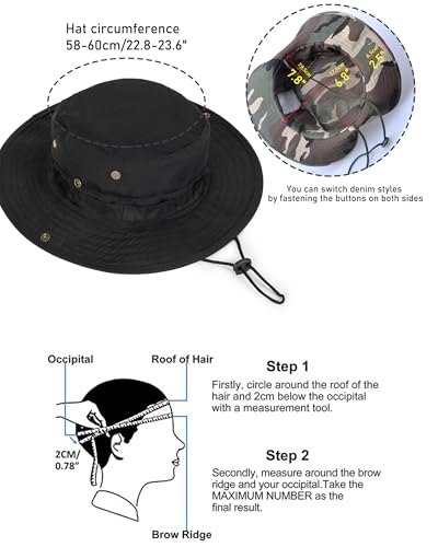 Cotton Fishing Bucket Hat Men Women Sun UV Protection Wind Chin Strap - color: Black - Wide Band