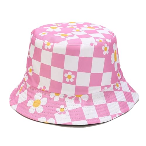Bucket Hat for Women Men, Cotton Reversible Double Side Wear Sun Hats Beach Fisherman Hat - color: Small Checkered Flowers Pink