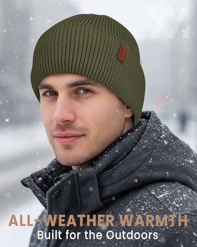 Fleece Lined Winter Beanie for Men Women Warm Windproof Beanies Hats Thick Knit Winter Hat for Cold Weather - color: Army Green