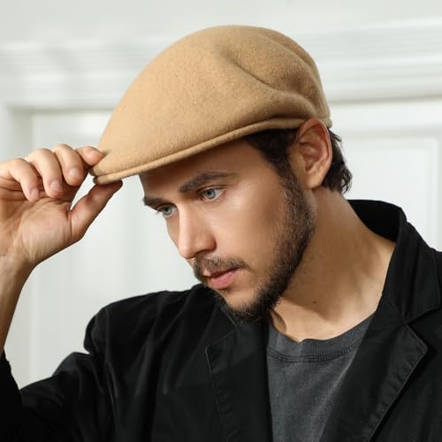 Wool Blend Mens Newsboy Caps, Classic Flat Cap Ivy Cabbie Gatsby Hat Winter Beret Hat for Men - color: Coffee