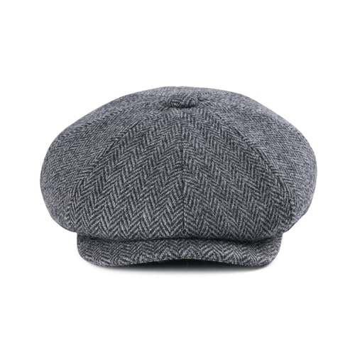 FEINION Men 8 Panel Herringbone Wool Newsboy Cap - color: Herringbone Grey, size: 7 3/8