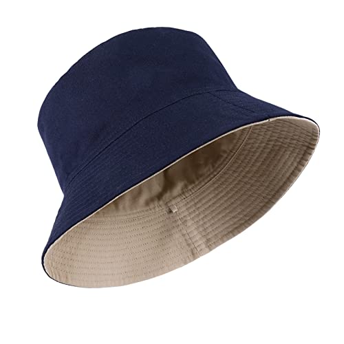 XXL Oversize Bucket Hat, Reversible Cotton Fisherman Hats, Unisex Double Side Wear Bucket Sun Hats with Chin Strap - color: Navy Blue-beige, size: Large