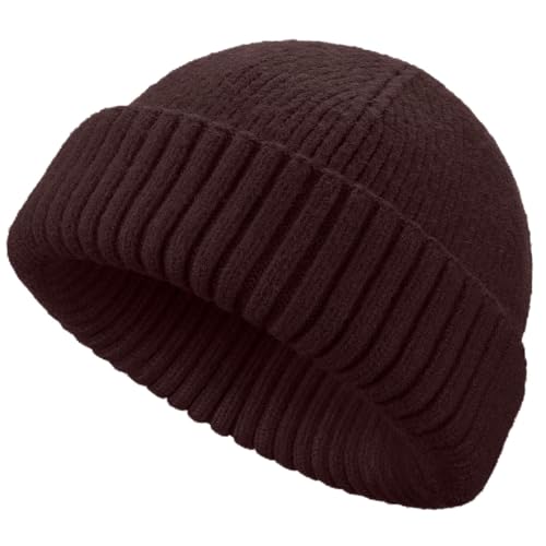 Wool Short Fisherman Beanie for Men Women Double Cuffed Skull Caps - color: 1pcs-dark Coffee