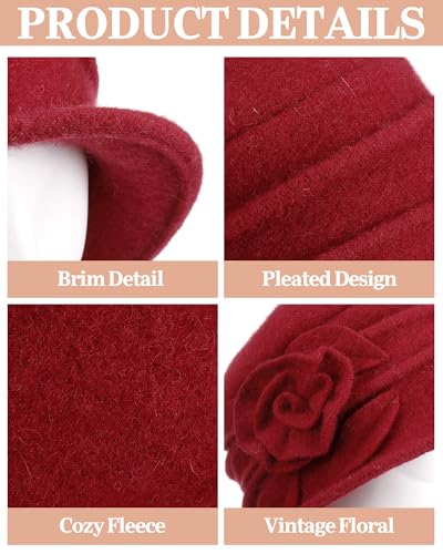 3 Pcs Church Hat for Women Cloche Bucket Winter Beret Hat French 3D Floral Wool Fleece Winter Cap Headgear, 56-58cm - color: Black White Dark Red