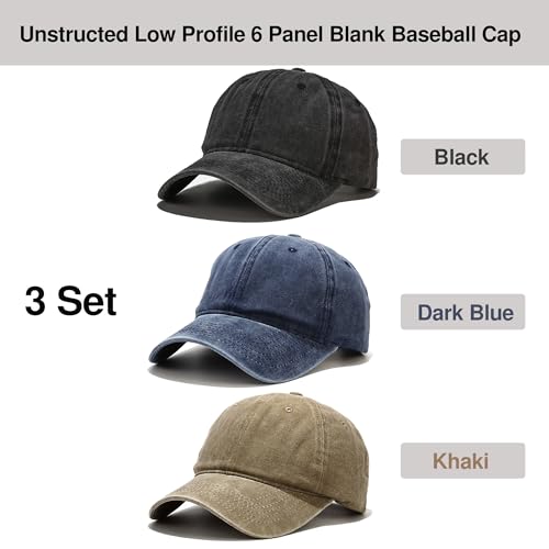 Baseball Cap 3 Pack, Vintage Distressed Cotton Dad Hats for Women Men - color: Black, Dark Blue, Khaki