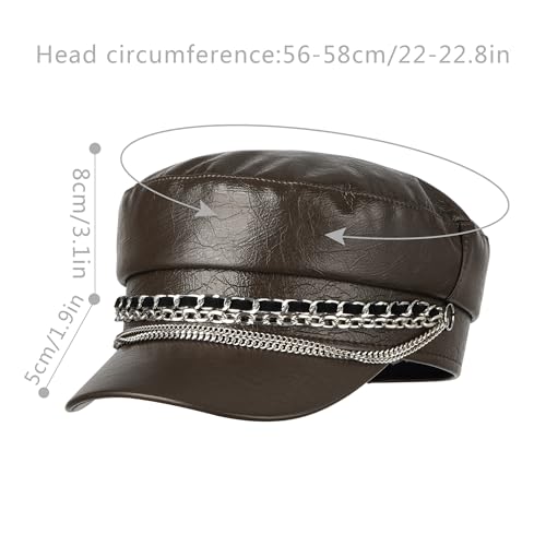 Women Metal Chain Flat Top PU Leather Newsboy Paperboy Hat Painter Cap - color: Chains Brown Coffee