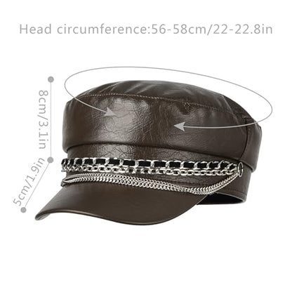 Women Metal Chain Flat Top PU Leather Newsboy Paperboy Hat Painter Cap - color: Chains Brown Coffee