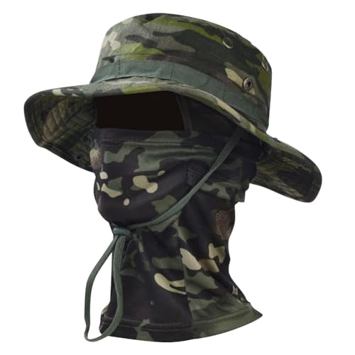 Camo Boonie Sun Hat with Balaclava Face Mask Outdoor Fishing Hat - color: Camo Green
