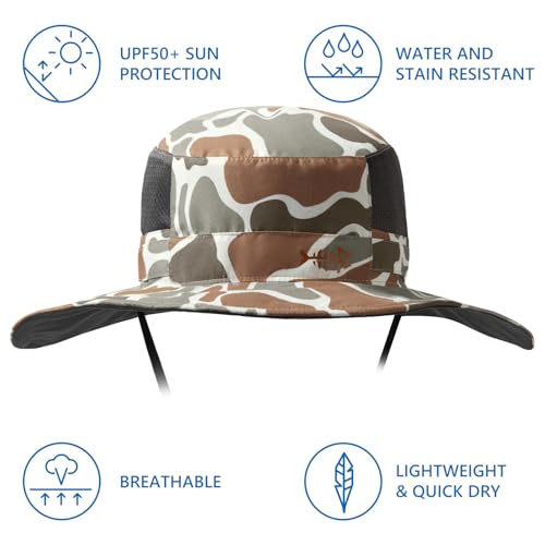 BASSDASH UPF 50+ Fishing Sun Hat Water Resistant Unisex Wide Brim Bucket Boonie Hat for Hiking Camping Safari FH15 - color: Color Block Camo, size: Medium