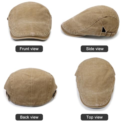 Initlove Mens Newsboy Cap Washed Beret Ivy Hat Flat Hats for Cabbie Driving - color: Khaki
