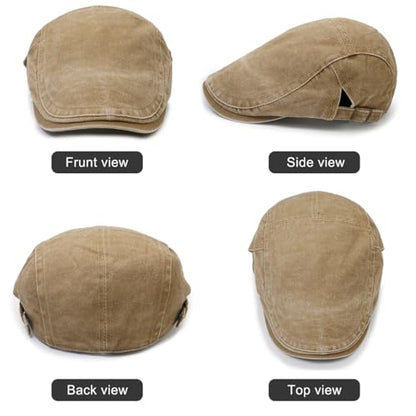 Initlove Mens Newsboy Cap Washed Beret Ivy Hat Flat Hats for Cabbie Driving - color: Khaki