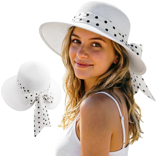 DRESHOW Women Straw Panama Hat Travel Fedora Beach Sun Hat Summer Wide Brim Straw Roll up Hat UPF 50+ - color: 1 Pack Bowknot Straw Hat: White (White Band)