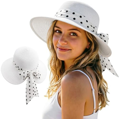 DRESHOW Women Straw Panama Hat Travel Fedora Beach Sun Hat Summer Wide Brim Straw Roll up Hat UPF 50+ - color: 1 Pack Bowknot Straw Hat: White (White Band)