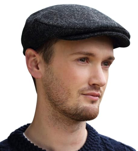 Hanna Hats Traditional Irish Tweed Wool Vintage Cap. Unisex Cabbie Hat. Stud Fastener & Taffeta Lining. 100% Made in Ireland. - color: Black&charcoal Herringbone, size: Large