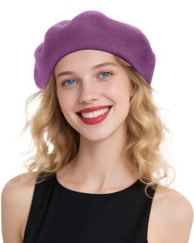 French Beret Hats for Women - Wool Solid Color Beanie Cap - color: Lavender