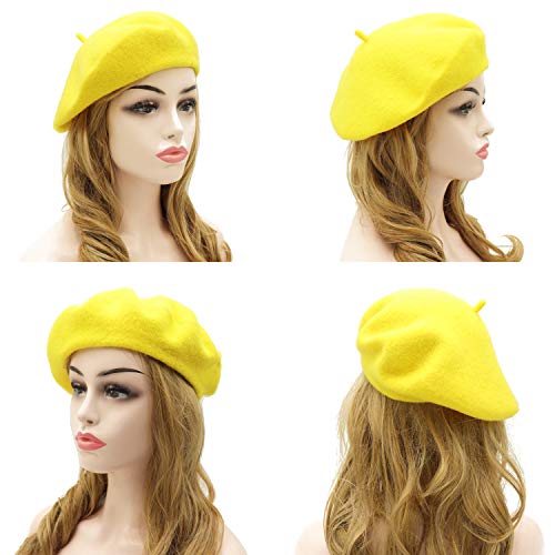 Wheebo Wool Beret Hat,Solid Color French Style Winter Warm Cap for Women Girls Lady - color: Lemon Yellow