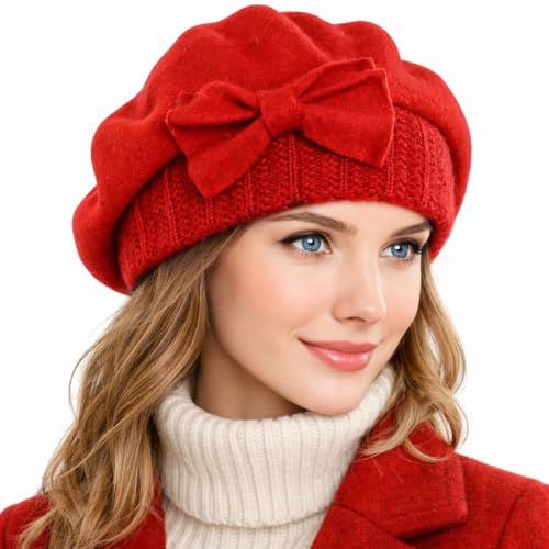Women Knit 100% Wool Beret Artist Winter French Beret Hats - color: Red