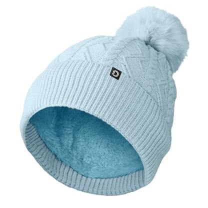 DALIX Cable Knit Pom Beanie Soft Stretch Skully Warm Fuzzy Faux Sherpa Winter Ski Beanie - color: Light Blue