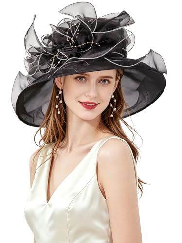 Women Derby Fascinator Hat Organza Church Wedding Hats Wide Brim Cocktail Tea Party Hat - color: 09 Black