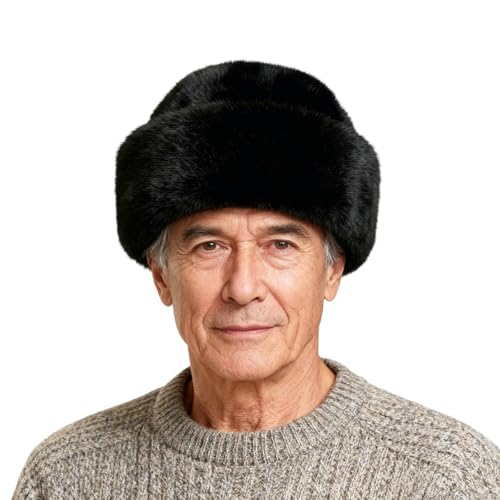 PURFUN Mens Faux Fur Trapper Hat Old Dad Winter Cozy Warm Furry Russian Ushanka Hat Windproof Running Hunting Ski Cap Beanie - color: Black