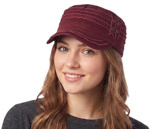 D&Y Unisex 100% Cotton Military Cadet Hat - Distressed Frayed Flat Top Cap - Adjustable Everyday Patrol Hat - color: Burgundy