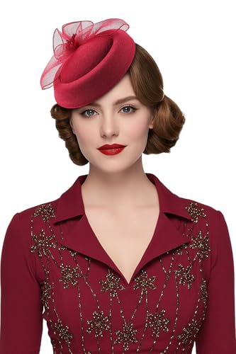 Gionforsy Fascinators Hats Pillbox Tea Party Fascinator Hats for Women - color: Winered