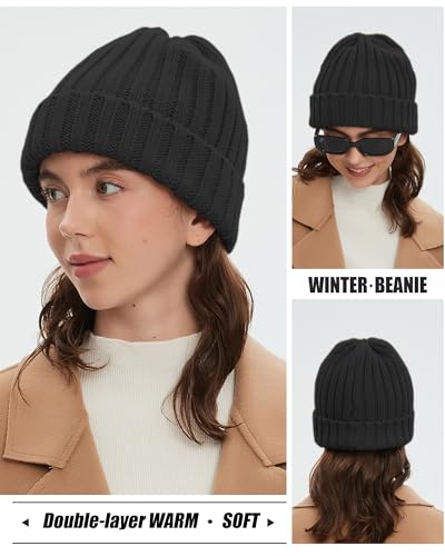 Fleece Lined Wool Beanie Hat Women Men,Winter Knit Chunky Snow Cap - color: 1-black