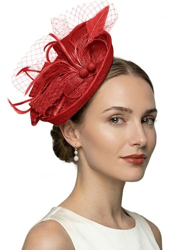 Women Fascinators Hats Tea Party Headband Hair Clip Feathers Hat for Wedding Cocktail Party - color: Red