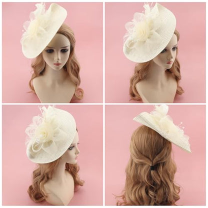DRESHOW Fascinators Hat Flower Mesh Feathers Hat with a Headband and a Clip 7.9" Tea Party Headwear for Women - color: Folded Style 2: Beige / 7.9"