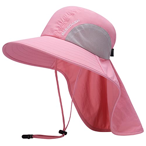 BASSDASH UPF 50+ Unisex Water Resistant Wide Brim Sun Hat with Large Neck Flap Ponytail Fishing Hat for Men Women - color: Pink