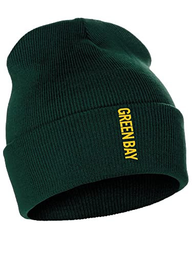 Daxton Vertical USA Cities Cuffed Beanie, Winter Knit Hat Skully Cap for Men Women, City Pride Daily Headwear - color: Green Bay Hunter Gold