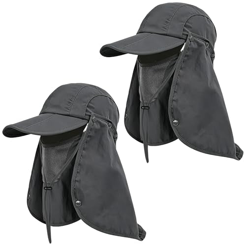 2Pack Men’s Foldable Sun Hat with Removable Face Mask & Neck Flap, UPF 50+ UV Protection, Quick-Drying Outdoor Fishing Cap - color: Dark Grey+dark Grey