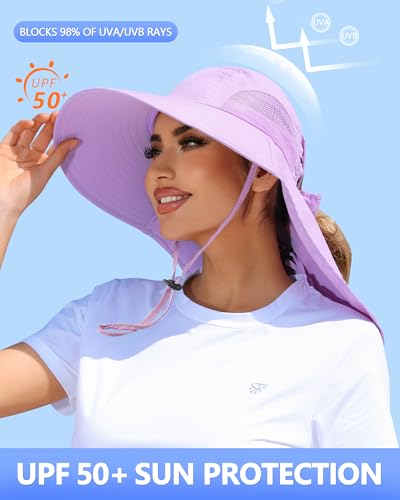 Womens Sun Hat Outdoor UV Protection Wide Brim Fishing Hat with Ponytail Hole Neck Flap for Beach Hiking Camping - color: Sun Hat-purple