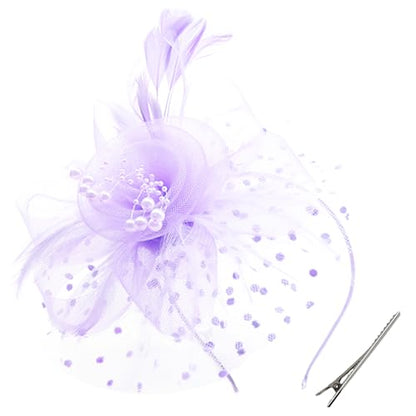WLBON Fascinators Hat 20s 50s Headband Hair Clips Flower Mesh Veil Feather Headpiece Headwear Women Halloween Carnival Cocktail Wedding Church Cosplay Dress Up Birthday Tea Party Accessories Purple - color: Light Purple
