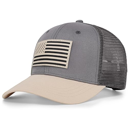 American Flag Trucker Hat - Snapback Hats for Men Women Baseball Cap - Breathable Mesh & Adjustable Fit for Casual Wear - color: Grey Beige