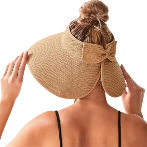 Women Sun Visors Wide Brim Foldable Packable Ponytail Beach Hat Straw Leopard Roll Up Bow Visor Sun Hats - color: Khaki