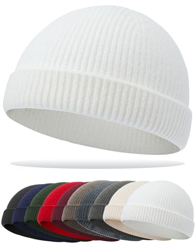 Thin Fisherman Knit Beanie Hat for Men Women Wool Cuffed Skull Caps - color: 1 White