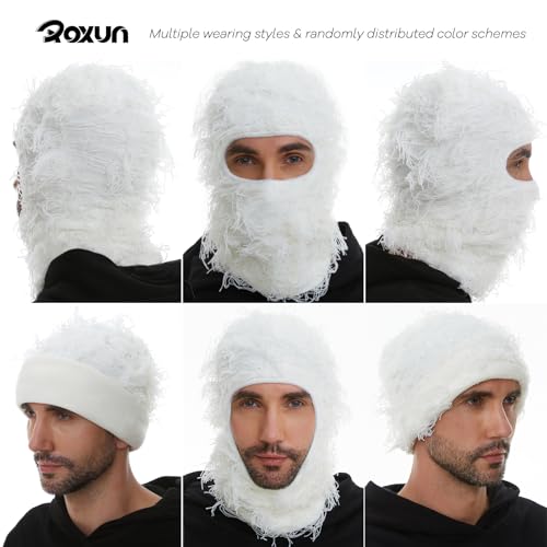 ROXUN Distressed Ski Mask Balaclava, Yeat Shiesty Fluffy Knitted Full Face - color: 01- Off White