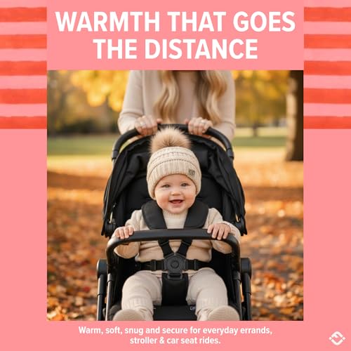 Funky Junque Baby Pom Pom Beanie – Soft Knit Infant Winter Hat for Baby Girls & Boys, Cozy Warm Newborn Beanie 0–12 Months - color: Beige - Faux Fur Pom
