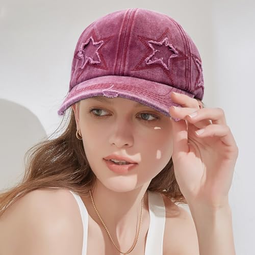 Retro Washed Distressed Baseball Cap with Five Pointed Stars for Women Men - color: Wine Red