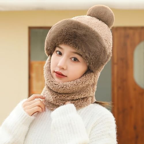 One-Piece Hat Womens Winter Warm Elastic Soft Ear Protection Knitted Scarf Mask Hat Fleece Lined Beanie Hat - color: H-brown