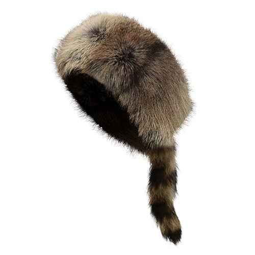 Raccoon Tail Parent-Child Plush Hat Warm Faux Fur Animal Hat with Tail - color: Deep Brown Without Pompoms