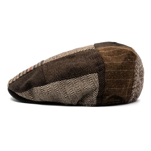 Men's Classic Patchwork Herringbone Checker Plaid Newsboy Ivy Hat Flat Cap - color: Brown, size: Large-X-Large