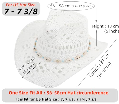 Straw Cowboy Hat for Women and Men with Shapeable Wide Brim Sun Beach Western Cowgirl Hat - color: White-m