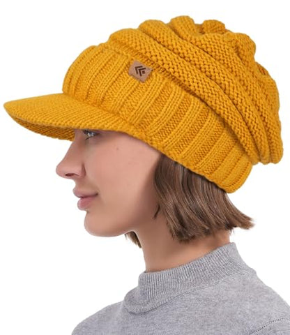 Women Men Winter Beanie Hat with Visor, Warm Fleece Lined Beanie Cap, Thick Knit Cap Slouchy Hat with Brim - color: Mustard