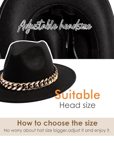 Men & Women Wide Brim Fedora Hat with Chain Buckle - color: Chain Belt-black