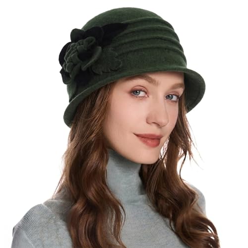 ZLYC Women Wool Cloche Bucket Hat 1920s Vintage Winter Hat with Flower - color: Mixed Green