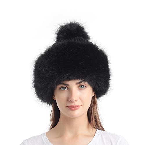 Soul Young Women's Faux Fur Hat Russian Cossack Knit Pompom Hat Ski Snow Cap for Winter Outdoor - color: Black