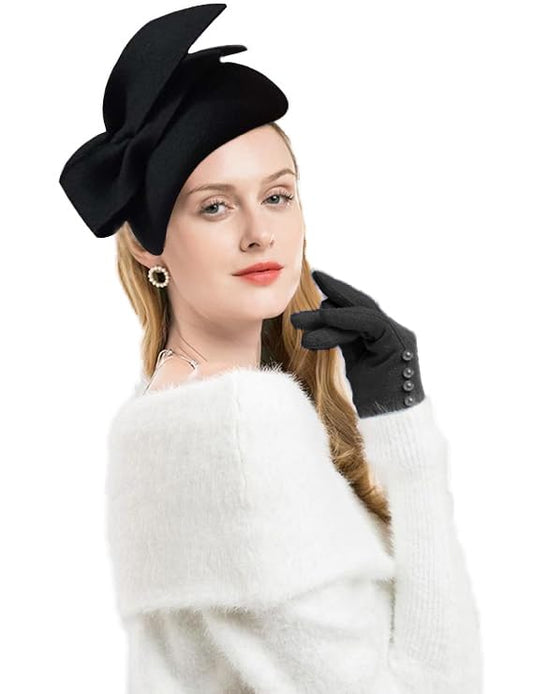 ORIDOOR British Style Pillbox Hat Women Church Wedding Winter Vintage Fascinator Beret 100% Wool Felt Hat with Veil - color: 13f Black